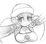 anthro ape big_breasts breasts donkey_kong_(series) ear_piercing erection female hair hat male matospectoru monochrome nintendo penis piercing smile tiny_kong