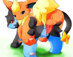  all_fours anus blue_eyes eeveelution female flareon frottage grass looking_back luxray male nintendo open_mouth penis pokemon pussy red_eyes smile testicles tomcat_in_sky video_games 