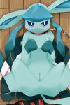 blue_body blue_eyes blush collar creatures_(company) eeveelution furry game_freak gen_4_pokemon glaceon glacia_(pokemon) ice_type_pokemon light_blue_fur looking_at_viewer lying nintendo paws pokemon pokemon_(anime) pokemon_(creature) pokemon_(game) pokemon_(species) pokemon_diamond_pearl_&_platinum pokemon_dppt pokemon_heartgold_and_soulsilver pokemon_hgss porkyman pussy shadow solo spread_legs spreading tail tears video_games virgin