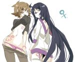 2girls 84k blue_eyes brown_eyes brown_hair cheren_(pokemon) genderswap glasses long_hair multiple_girls nintendo no_bra panties pantyshot pokemon pokemon_(game) pokemon_black_and_white pokemon_bw purple_hair shirt_lift short_hair shuri_(84k) thighhighs touya_(pokemon) underwear venus_symbol very_long_hair