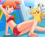 1girl alternate_costume arm_support armpits ass barefoot bikini blue_eyes breasts creatures_(company) electric_type_pokemon fan feet folding_fan game_freak gen_1_pokemon green_eyes gym_leader heart humans_of_pokemon kasumi_(pokemon) misty_(pokemon) nintendo one_eye_closed orange_hair outdoors outside paper_fan pikachu pokemoa pokemon pokemon_(anime) pokemon_(creature) pokemon_(game) pokemon_(species) pokemon_red_green_blue_&_yellow pokemon_rgby red_hair side_ponytail smile soara soles swimsuit toes tree wink yellow_fur