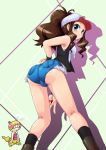  ass baseball_cap bent_over blue_eyes blush breasts brown_hair hair hat headgear highres long_hair looking_back nintendo poke_ball pokemon pokemon_(game) pokemon_black_and_white pokemon_bw ponytail scraggy shirogane_(cufsser) shorts smile steam touko_(pokemon) vest white_(pokemon) zuruggu 