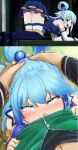  1boy 1girl absurd_res aqua_(konosuba) artist_name bangs bare_shoulders blue_eyes blue_hair blush cum cum_in_mouth cum_out_nose deepthroat downblouse fellatio forced forced_deepthroat forced_oral hair_bobbles hair_ornament hair_rings hands_on_another&#039;s_head high_res irrumatio jacket kono_subarashii_sekai_ni_shukufuku_wo! long_hair male notori_d oral pov pubic_hair rape rolling_eyes satou_kazuma speed_lines tears track_jacket zipper 