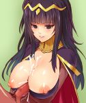  1girl black_hair bodysuit breast_hold breasts cape cleavage cum erokosei fire_emblem fire_emblem:_kakusei hair_ornament hetero jewelry kinnotama_(erokosei) large_breasts long_hair nintendo nipple_slip nipples paizuri penis perpendicular_paizuri smile solo_focus tharja tiara 