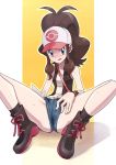  :q baseball_cap blue_eyes blush breasts brown_hair creatures_(company) denim female female_protagonist_(pokemon_bw2) game_freak gradient gradient_background hat hilda_(pokemon) humans_of_pokemon jean_shorts light-skinned_female nintendo pokemon pokemon_(anime) pokemon_(game) pokemon_black_2_&amp;_white_2 pokemon_black_and_white pokemon_bw pokemon_bw2 ponytail porkyman ryunryun shorts simple_background solo spread_legs sweat tongue touko_(pokemon) vest white_(pokemon) wristband 