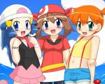  3_girls bandanna beach bike_shorts blue_eyes blue_hair blush brown_hair creatures_(company) dawn_(pokemon) game_freak green_eyes gym_leader haruka_(pokemon) hat hikari_(pokemon) humans_of_pokemon kasumi_(pokemon) may_(pokemon) misty_(pokemon) miyanii_(myanie) multiple_girls myanie nintendo orange_hair pokemon pokemon_(anime) pokemon_(game) pokemon_black_and_white pokemon_bw pokemon_diamond_pearl_&amp;_platinum pokemon_dppt pokemon_frlg pokemon_red_green_blue_&amp;_yellow pokemon_rgby short_hair sky 