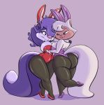 1girl 2016 amber_eyes anthro armpits ass big_ass big_breasts bow_tie breast_grab breast_squish breasts bunny_costume bunnysuit cat cats_don't_dance crossover detached_collar duo fake_ears fake_rabbit_ears feline female_only fifi_la_fume fluffy_tail fur hair hair_over_eye hand_behind_head hand_on_breast huge_breasts joelasko mammal multicolored_fur on_one_leg pattern_background purple_fur purple_hair raised_arm rear_view sawyer_(cats_don't_dance) simple_background skunk smile standing thick_thighs tiny_toon_adventures two_tone_fur warner_brothers white_fur wide_hips