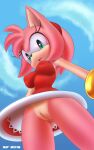 1girl 2015 amy_rose anthro bottomless bracelet breasts clothed clothing dress eyelashes female_only going_commando green_eyes hairband hedgehog looking_at_viewer looking_down nipple_bulge no_panties open_mouth pink_fur puffy_nipples pussy red_dress red_hairband sega sif sif_(artist) sonic_the_hedgehog_(series) video_games viewed_from_below wide_hips