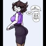 1:1_aspect_ratio 1girl ahoykoi ass ass_crack ass_focus big_breasts blouse book breasts brown_hair dialogue ear_piercing english_text female glasses jaiden_animations offscreen_character pantyhose pencil_skirt purple_blouse real_person sideboob simple_background solo solo_female speech_bubble text watermark white_skin