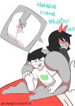  bed big_ass femdom femdom_caption fingering glasses grey_skin homestuck horns john_egbert lewd_pistachio sharp_teeth terezi_pyrope text 