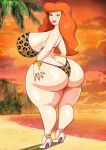  1girl adultart_(artist) beach big_ass big_breasts bikini breasts cousin_mel earrings from_behind full_body grandma_got_run_over_by_a_reindeer high_heels jewelry light_brown_eyes lipstick looking_at_viewer looking_back orange_hair standing sunset voluptuous wide_hips 