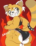  1girl 4:5 aggressive_retsuko ailurid anthro ass big_ass breasts butt_slap ear_piercing earring eyebrow_piercing facial_piercing furry grin high_res huge_ass industrial_piercing looking_back mammal nose_piercing piercing red_panda retsuko sanrio slap smile thick_thighs 