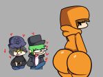 >:3 1girl 2023 2boys ass big_ass big_ass_(male) blox1010(oc) brown_hair funny green_hair hiper_(oc) jp20414(artist) mr.jeffrey orange_hat pog poggers