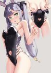 1girl ass_visible_through_thighs bangs bare_shoulders breast_grab bunnysuit clothing_cutout covered_nipples embarrassed excited fake_animal_ears female_focus female_only genshin_impact green_eyes holding_coin leotard looking_at_viewer medium_breasts mona_(genshin_impact) multiple_views playboy_bunny skai_kun twin_tails