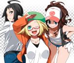 2girls agemono aliasing bare_shoulders baseball_cap bel_(pokemon) black_hair blonde_hair blue_eyes brown_hair cheren_(pokemon) collarbone denim denim_shorts glasses green_eyes hat jacket legs multiple_girls nintendo oekaki one_eye_closed pokemon pokemon_(game) pokemon_bw pokemon_bw2 ponytail semi-rimless_glasses shorts touko_(pokemon) under-rim_glasses vest wink