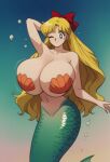  1girl ai_generated alternate_age alternate_breast_size alternate_species big_breasts bikini_top bishoujo_senshi_sailor_moon blonde_hair blue_eyes bra breast_expansion breasts cleavage female hand_behind_head huge_breasts humanoid mermaid mermaid_girl mermaid_tail mermaid_transformation minako_aino mostly_nude navel ocean one_eye_closed pasties pony_diffusion_xl red_ribbon sailor_venus sea shell_bikini solo under_boob underwater water 