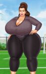 brown_eyes brown_hair earrings genderswap genderswap_(mtf) gigantic_ass gigantic_breasts hourglass_figure ponytail saturnxart