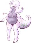  2_toes anthro anthrofied barefoot big big_nipples blue_eyes breasts chubby dragon eyelashes female goo goodra happy hi_res korasu looking_down navel nintendo nipples nude plain_background pokemon pok&atilde;&copy;mon pussy raised_arm slug smile solo standing video_games white_background white_eyes 