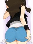 1girl agemono armband ass brown_hair denim denim_shorts from_behind hairband head_out_of_frame jeans lavender_background long_hair nintendo pokemon pokemon_(game) pokemon_black_and_white pokemon_bw ponytail shorts simple_background sleeveless solo standing sweatband touko_(pokemon) very_long_hair vest white_(pokemon)