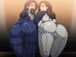 2_girls ashley_williams ass bent_over bioware black_hair blue_hair bodysuit brown_eyes bubble_butt cameltoe female_only green_eyes gureko_rouman large_ass long_hair looking_back mass_effect miranda_lawson tight_clothes