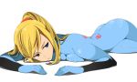 1girl agemono ass bad_id blonde_hair blue_eyes bodysuit breast_press breasts latex lying metroid nintendo on_stomach ponytail samus_aran skin_tight solo thighs zero_suit