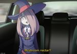 1girl accelart backseat car_interior clothed english_text female female_only hair_over_one_eye hat in_car little_witch_academia sucy_manbavaran tagme