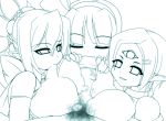 3girls adell's_mom blonde_hair bukkake cum disgaea foreskin_pull huge_breasts jidaraku_kissa looking_at_viewer mage_(disgaea) mel-a monochrome nipple_suck pink_hair pov purple_hair red_eyes rozalin witch_(disgaea)