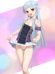 1girl bangs bare_shoulders blue_hair blunt_bangs flat_chest hair_tubes hairband kannagi long_hair nagi no_panties pleated_skirt purple_eyes rasukaru rasukaru_(pixiv74058) skirt skirt_lift solo strap_slip uncensored white_skirt