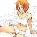  1girl barefoot bed blush boyshorts brown_eyes erect_nipples feet female female_only midriff mosha nami one_piece orange_hair short_hair solo tattoo work_in_progress 