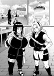  2girls ass big_ass big_breasts fully_clothed fully_clothed_female headband hinata_hyuuga konohagakure_symbol long_hair naruho naruto naruto_shippuden sakura_haruno short_hair shounen_jump slut sluts slutty_outfit teen teenage_girl whore whores 