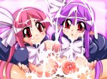  breasts_out_of_clothes bukkake cum cumming_penis disgaea disgaea_(series) huge_breasts jidaraku_kissa lactation ma-matiti-chichi_vol.1_(doujinshi) mage_(disgaea) mel-a no_bra paizuri pink_background pink_hair red_eyes witch_(disgaea) 