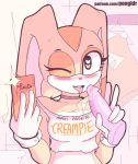 <3 <3_eyes 1girl 2019 anthro blush breasts choker clothed clothing cream_the_rabbit digital_media_(artwork) drooling fur furry gloves lagomorph looking_at_viewer mammal open_mouth pongldr rabbit saliva sega self_shot selfpic sex_toy simple_background smile text tongue video_games