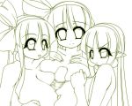 3girls adell's_mom blonde_hair bukkake cum disgaea foreskin_pull huge_breasts jidaraku_kissa looking_at_viewer mage_(disgaea) mel-a monochrome nipple_suck pink_hair pov purple_hair red_eyes rozalin witch_(disgaea)