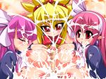 3girls adell's_mom blonde_hair bukkake cum disgaea foreskin_pull huge_breasts jidaraku_kissa looking_at_viewer mage_(disgaea) mel-a nipple_suck pink_hair pov purple_hair red_eyes rozalin witch_(disgaea)