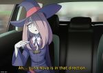 1girl accelart backseat car_interior clothed female female_only hair_over_one_eye half-closed_eyes hat in_car little_witch_academia sitting solo sucy_manbavaran tagme