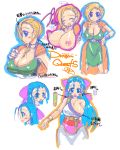  2girls artist_request bianca_(dragon_quest) bianca_whitaker blonde_hair blue_eyes blue_hair braided_hair breast_out_of_clothes dragon_quest dragon_quest_v female_only flora_(dragon_quest) hair_over_shoulder huge_breasts japanese_text long_hair milf single_braid square_enix topless_female white_background 