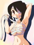  1girl abiru_kobushi armpits bandage bandage_over_one_eye bandages black_hair borubikku braid breasts brown_eyes kobushi_abiru large_breasts mouth_hold naked_bandage navel nipples nude out-of-frame_censoring sarashi sayonara_zetsubou_sensei solo twin_braids 