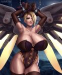  1girl absurd_res alternate_breast_size alternate_costume armpits arms_up bdsm blonde_hair blue_eyes bondage bound breasts cuffs elbow_gloves female_focus flowerxl gloves high_res huge_breasts looking_at_viewer mercy_(overwatch) overwatch shackled shackles stockings thick_thighs thighs video_game_character wings wings_through_clothes witch_mercy_(overwatch) 