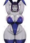 1girl 1girl 1girl armpits arms_behind_head big_breasts breasts bunny_ears bunnysuit dc_comics eye_contact female_only grey_skin huge_breasts legwear leotard looking_at_viewer purple_eyes purple_hair purple_nipples rachel_roth raven_(dc) stockings sweat sweatdrop teen_titans thighs voluptuous wide_hips zxcv