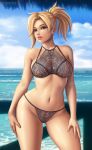  1girl beach big_breasts black_bra black_lingerie black_panties blonde_hair blue_eyes bra breasts bridge cleft_of_venus contrapposto curvy eye_contact female_only flowerxl lace lace-trimmed_bra lace-trimmed_panties lace_trim lips lipstick looking_at_another makeup medium_breasts mercy_(overwatch) navel overwatch panties parted_lips ponytail underwear 