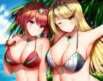  2girls alluring bangs bare_shoulders beach big_breasts bikini blonde_hair blue_sky blush bob_cut bracelet breasts cleavage closed_mouth cloud collarbone commentary day dual_persona eyebrows_visible_through_hair gem hair_between_eyes hair_ornament headpiece holding jewelry large_breasts leaf long_hair looking_at_viewer multicolored_clothes multiple_girls mythra mythra_(xenoblade) ocean one_eye_closed outdoors palm_tree pyra pyra_(xenoblade) reaching_out red_eyes red_hair selfie short_hair sky smile swept_bangs swimsuit tiara tree video_game_character video_game_franchise water wsman xenoblade_(series) xenoblade_chronicles_(series) xenoblade_chronicles_2 yellow_eyes 