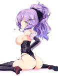 1girl ass chandelure elbow_gloves green_eyes looking_at_viewer mrbobby15j nintendo pokemon pokemon_bw ponytail porkyman purple_hair smile solo thong