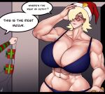  1girl abs avis_(strangehero) big_breasts christmas festive glasses huge_breasts light_skin mole mole_on_breast muscular_female round_glasses short_hair strangehero tagme text underwear yellow_hair 