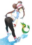  1girl :&gt; ass bent_over black_legwear blue_eyes blush breasts brown_hair deviantart double_bun female_protagonist_(pokemon_bw2) highres koba legs long_hair looking_back mei_(pokemon) nintendo panties panties_under_pantyhose pantyhose poke_ball pokemon pokemon_(game) pokemon_bw2 raglan_sleeves shoes smile sneakers snivy striped striped_panties thighband_pantyhose twintails underwear visor_cap zerosilver100 