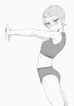 1girl ben_10 blush cartoon_network clothed clothing gwen_tennyson looking_at_viewer monochrome okymir shorts skimpy solo_female sportswear stretching sweat sweatdrop sweating