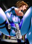  1girl arm_support bad_id blonde_hair bodysuit breasts bursting_breasts cameltoe cleavage clothed_navel covered_navel from_below green_eyes gun handgun highres large_breasts looking_away metroid nintendo pistol ponytail samus_aran shisshou_senkoku short_hair solo squatting thighs weapon zero_suit 