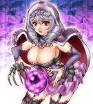  1041_(toshikazu) 1girl alluring big_breasts black_legwear breasts claw_(weapon) detached_sleeves drill_hair frilled_skirt frills garter_straps hood hoodie jewelry layered_skirt long_hair miniskirt nail_polish necklace orb project_soul purple_skirt red_eyes silver_hair skirt soul_calibur soul_calibur_v soulcalibur_v stockings viola_(soul_calibur) viola_(soulcalibur) weapon 