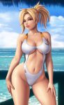  1girl big_breasts blonde_hair breasts contrapposto female_only flowerxl hand_on_own_hip mercy_(overwatch) one-piece_swimsuit overwatch swimsuit thighs white_one-piece_swimsuit 