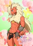 2014 abs anthro avian biceps bird blaziken blaziken_(pokemon) blue_eyes bulge bursyamo_(pokemon) chicken claws clothing creatures_(company) erection floral_background fur furry game_freak gen_3_pokemon hair horn jockstrap long_hair male multicolored_fur muscles navel nintendo open_mouth pecs penis pokemon pokemon_(anime) pokemon_(creature) pokemon_(game) pokemon_(species) pokemon_rse pokemon_ruby_sapphire_&_emerald pokemorph red_fur smile solo standing talons testicles topless underwear video_games yellow_sclera zenmigawa