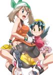  2girls alternate_breast_size alternate_costume ass bag bag_removed bandana bandanna bare_shoulders bike_shorts blue_eyes blue_hair blush breasts brown_hair cameltoe crystal_(pokemon) earrings erect_nipples fang flipped_hair groping hand_on_ass haruka_(pokemon) holding impossible_clothes impossible_clothing impossible_shirt jewelry legs looking_at_viewer looking_back multiple_girls neckerchief nintendo nori_(akusei_shinseibutsu) nori_(artist) odamaki_sapphire open_mouth perky_breasts pokegear pokemon pokemon_special puffy_nipples pussy shirt shirt_down shoes simple_background skin_tight sleeveless sleeveless_shirt smile spread_legs star star_earrings sweat tongue white_background yellow_eyes yuri 